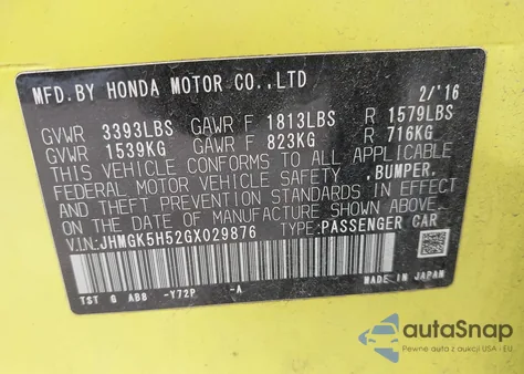 2016 Honda Fit Lx from USA, damaged, VIN JHMGK5H52GX029876